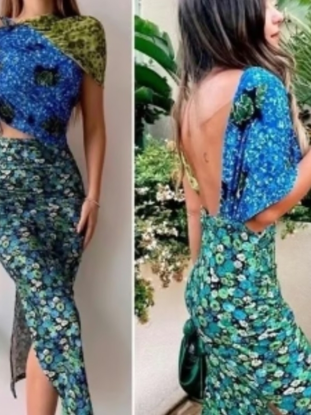 ZARA Viral Asymmetric Draped Floral Midi Dress Blue Green TikTok Blogger Fav SS2